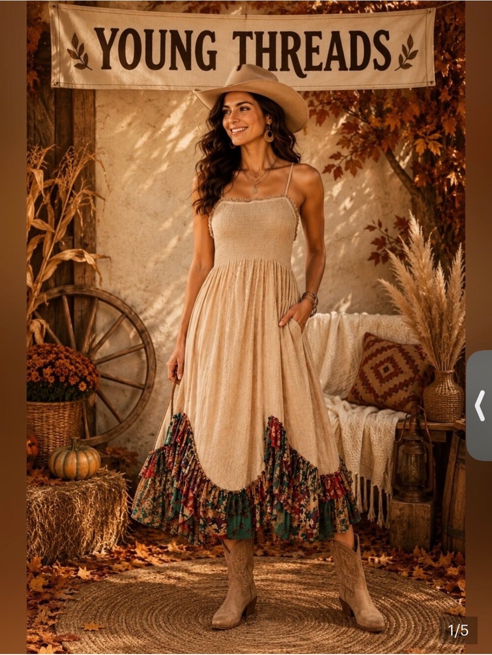 183 Young Threads Beige Boho
Smocked Midi Dress with Patchwork Ruffle Hem